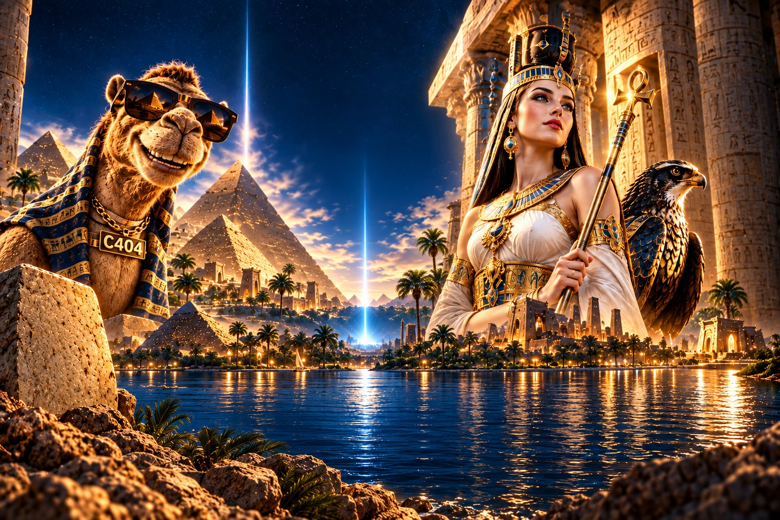 AmunChain genesis artwork: the C404 camel, Queen Nefertari and the Amun Genesis falcon, among illuminated Egyptian temples and pyramids.